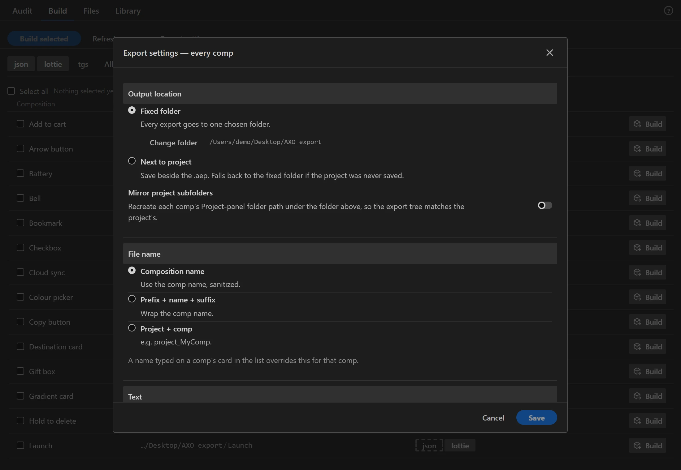 Export settings
